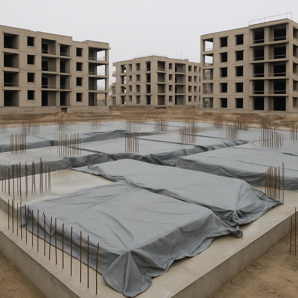 The photograph features a daytime scene of a bare, open structure.